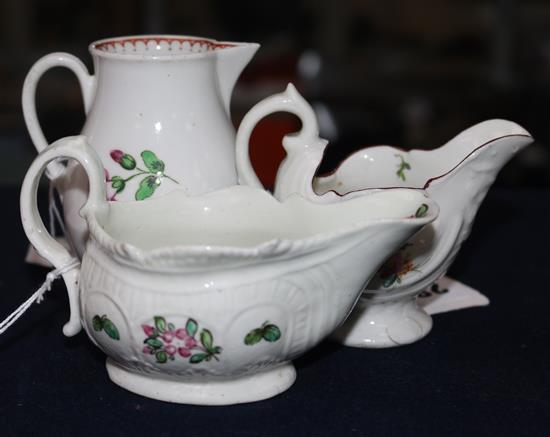 Three English porcelain polychrome vessels, c.1765-80, height 8.3cm, cracks(-)